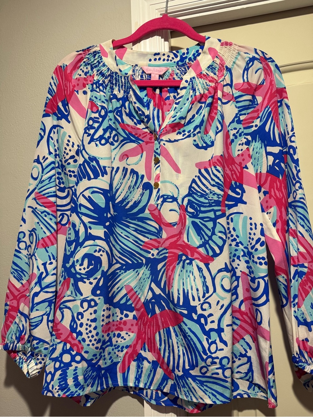 Lilly Pulitzer Pink Blue White Floral Print Long-Sleeve Top